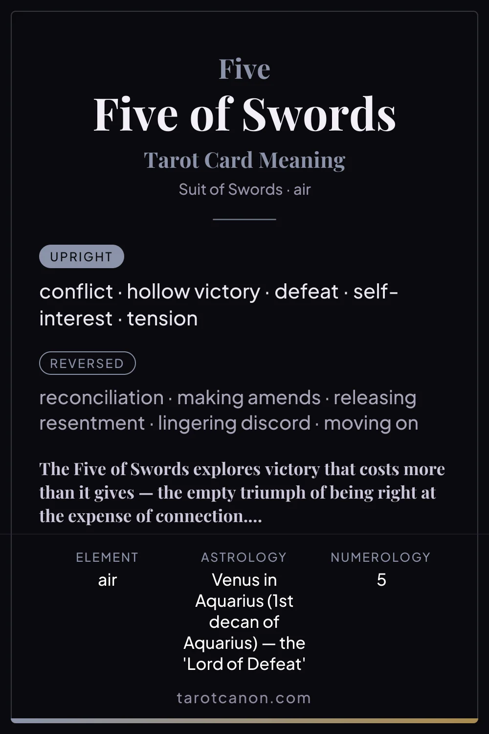 Five of Swords - tarot card meaning