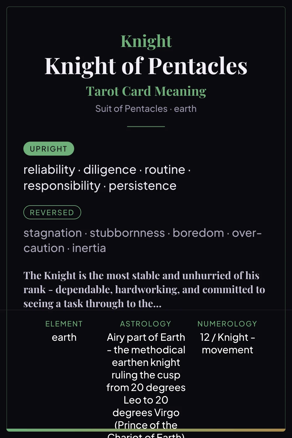 Knight of Pentacles - tarot card meaning