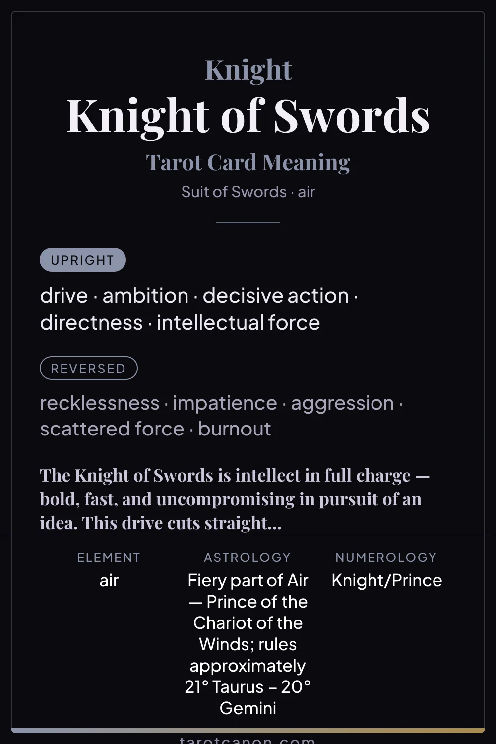 Knight of Swords - tarot card meaning