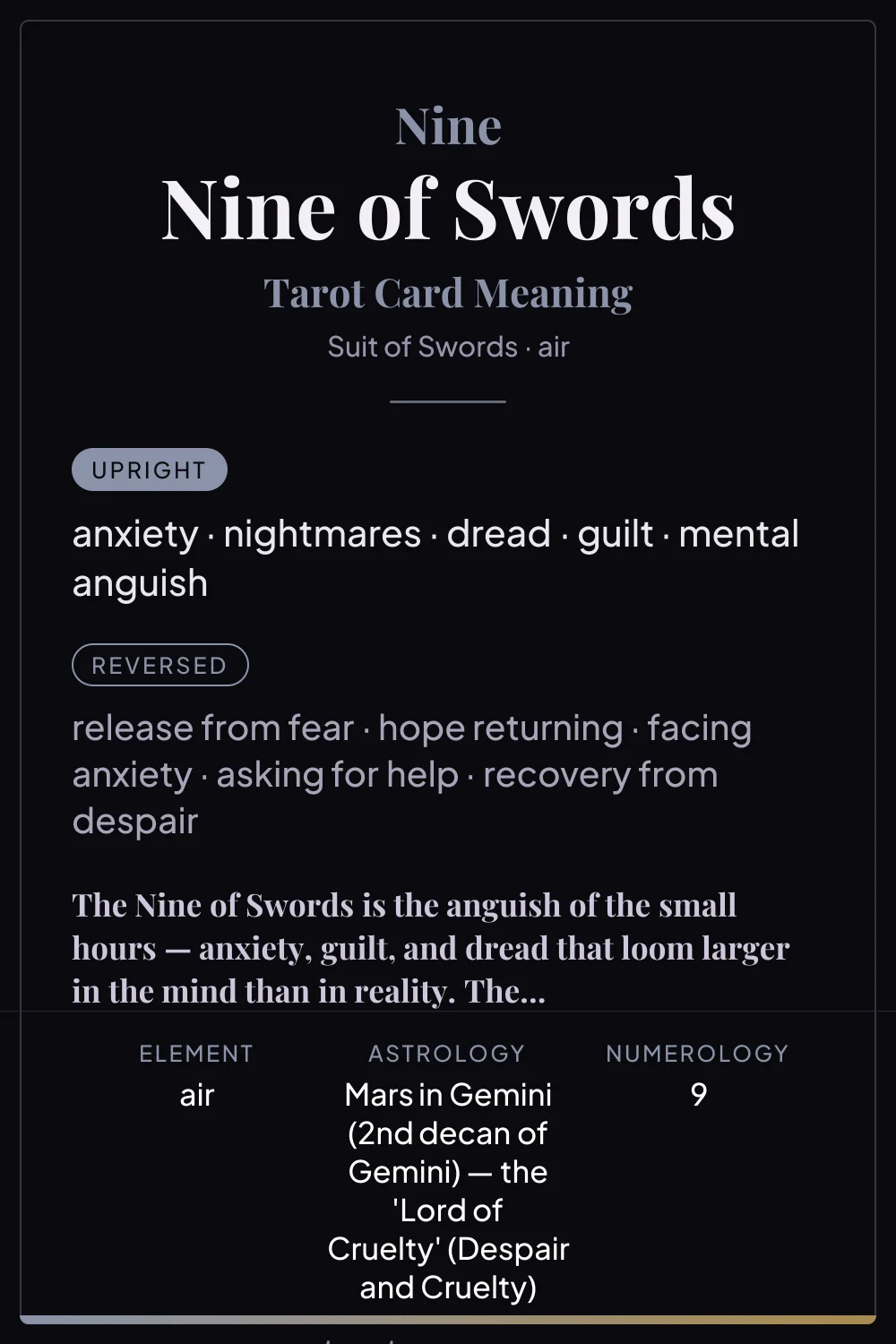 Nine of Swords - tarot card meaning