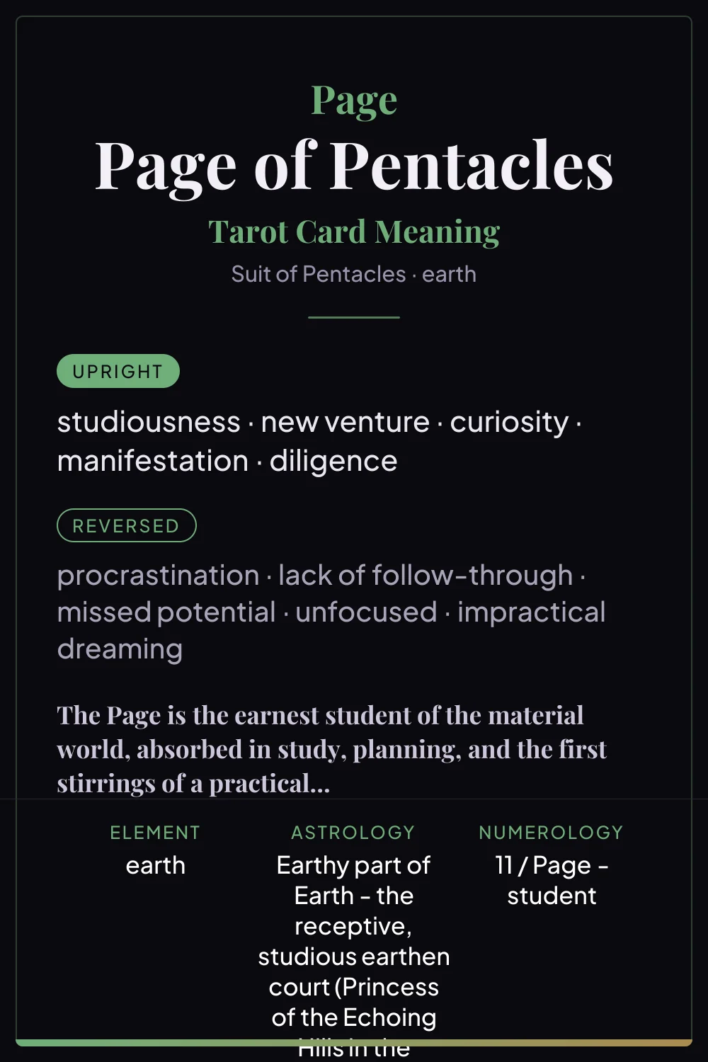 Page of Pentacles - tarot card meaning