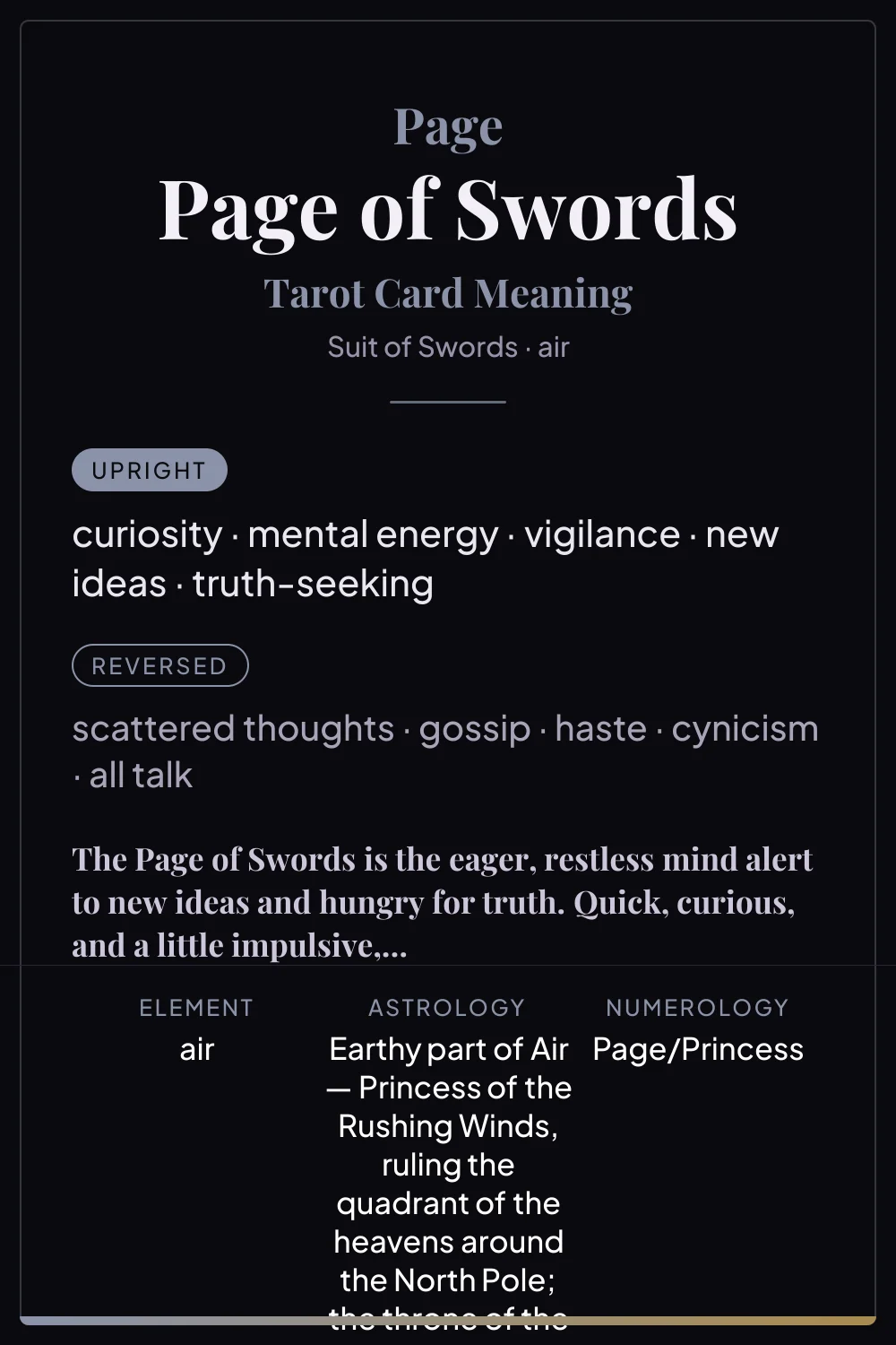 Page of Swords - tarot card meaning