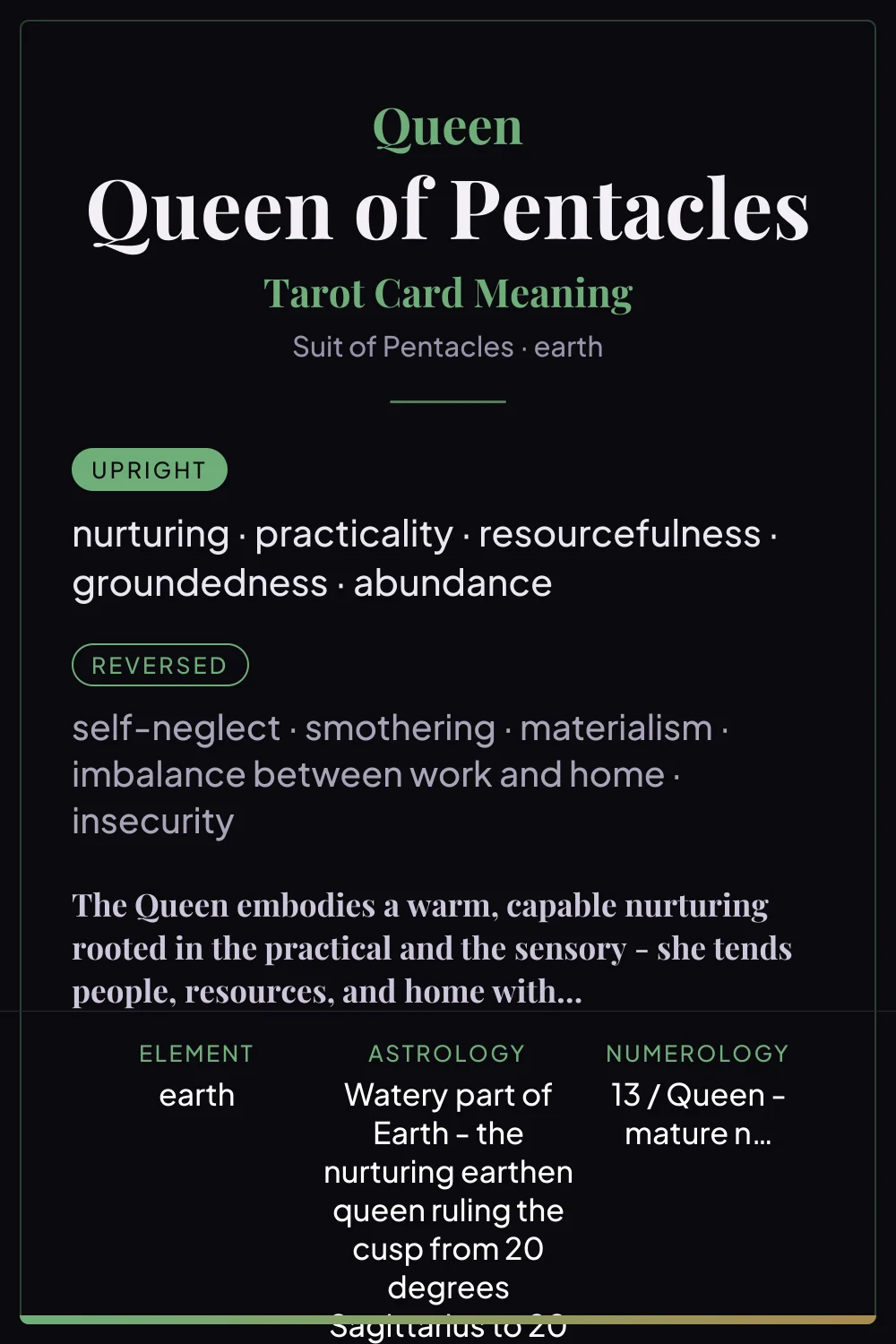 Queen of Pentacles - tarot card meaning