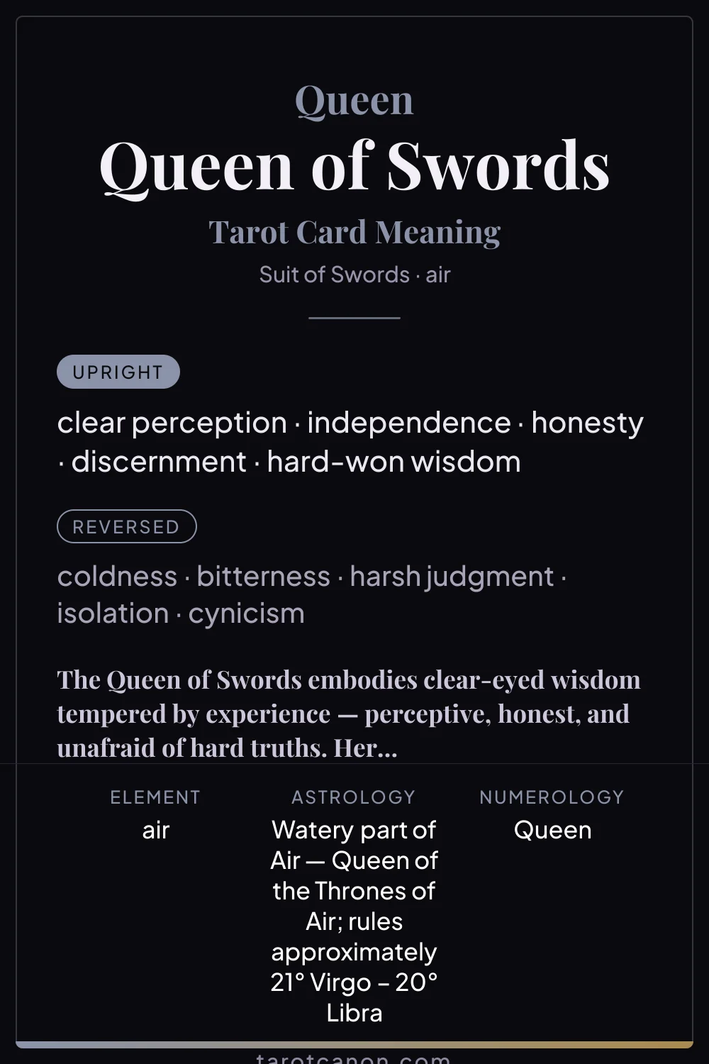 Queen of Swords - tarot card meaning