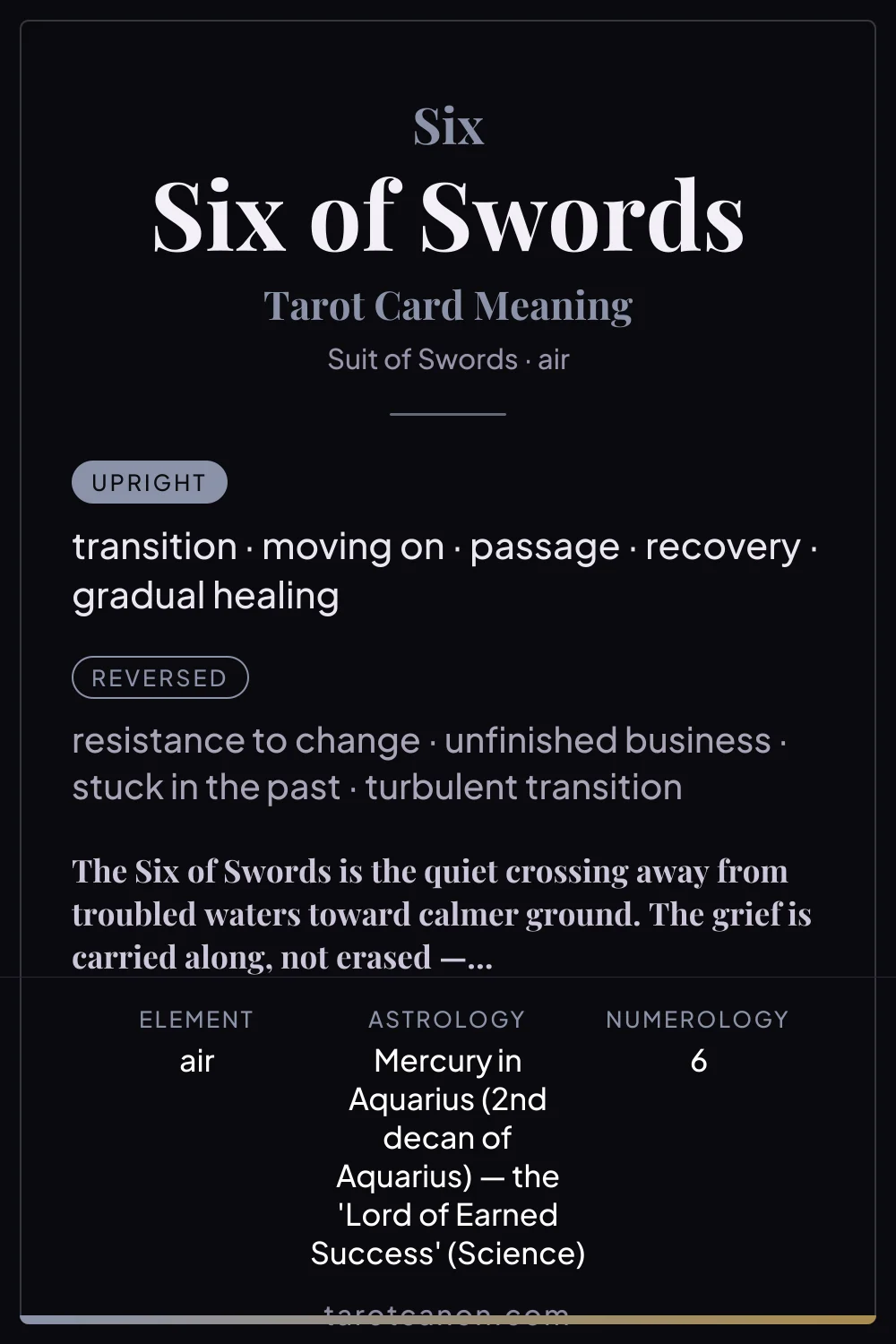 Six of Swords - tarot card meaning