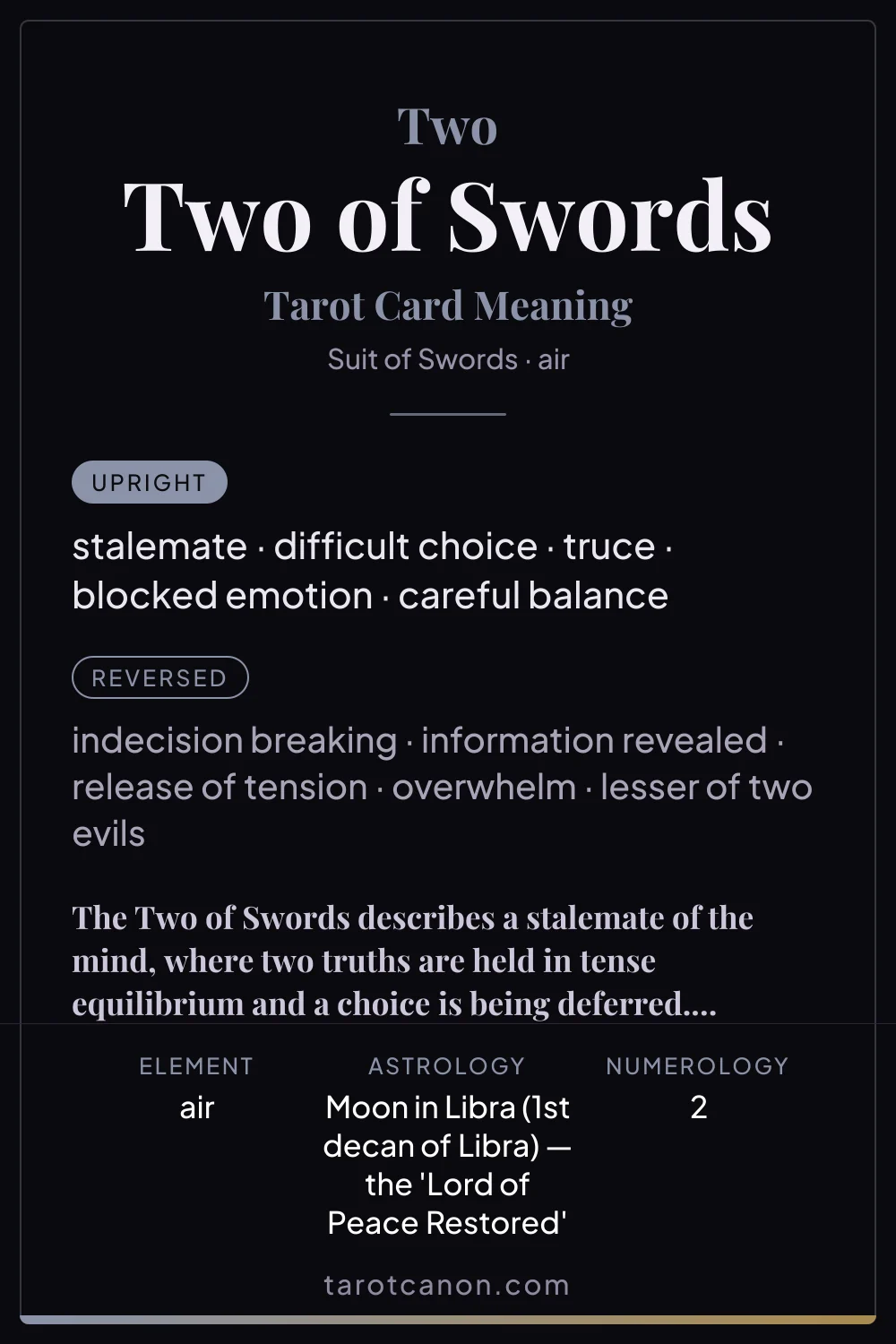 Two of Swords - tarot card meaning